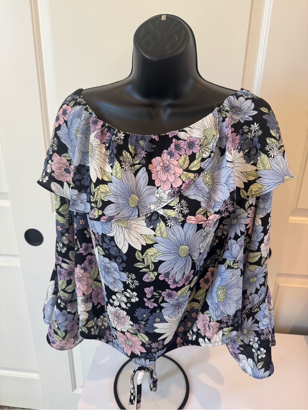 BCX Black Floral Off-Shoulder Tie-Hem Blouse with Pastel Blooms